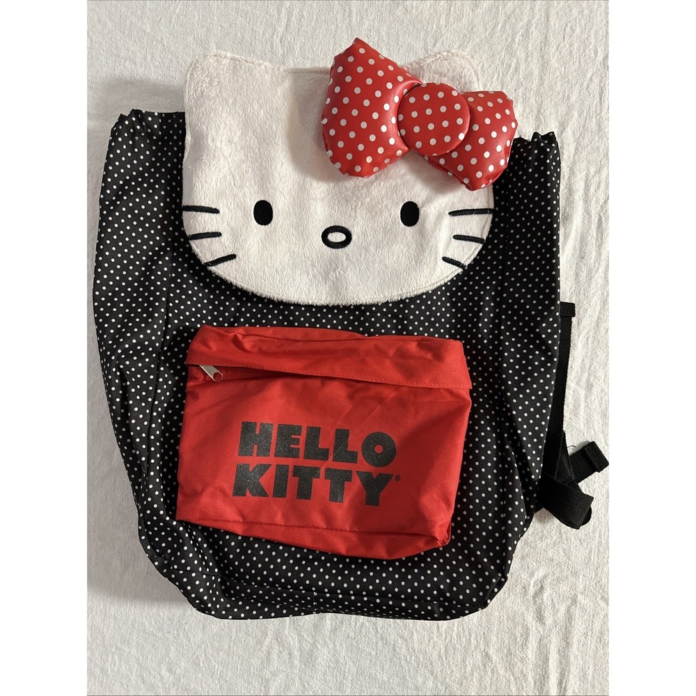 Hello Kitty Polka Dot Backpack Red Bow Front Pocket Kawaii School Travel Bag